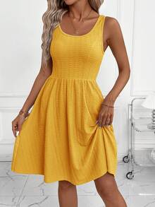 SHEIN Clasi Đầm nữ thanh lịch màu xanh dương họa tiết dệt nổi, không tay, dáng chữ A, thắt eo, chất liệu co giãn, phù hợp cho nhiều dịp - thường ngày, đi làm, du lịch, nghỉ mát, phong cách Bohemian. - Màu vàng - Xem 5
