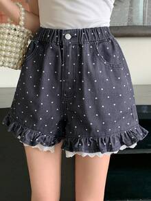 DAZY Quần short denim nữ in chấm bi, có túi, viền bèo nhún và cúc cài. - màu đen - Xem 1
