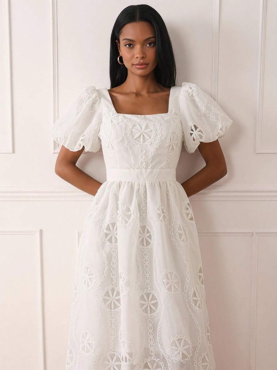 Lilora 女款優雅刺繡長洋裝,高端時尚百搭優雅禮服,適合通勤、日常休閒出遊、聚會、約會派對、婚禮、派對、休閒、出遊、婚禮、夏季、度假旅行 白色 - 白色 - 查看 1