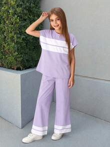 SHEIN 女童撞色圆领T恤和裤子休闲套装 - 紫色 - 查看 5