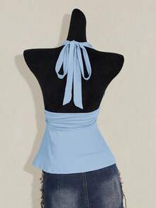 SHEIN ICON Halloween Women's Halter Backless Black Babydoll Tank Top,Summer Top - Baby Blue - View 2