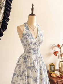 Vintamour 复古优雅女士连衣裙，露背领结，适合度假、夏季穿着，包括节日、派对、婚礼等场合。款式多样，包括婚礼宾客礼服、毕业礼服、舞会礼服、优雅仪式礼服、生日礼服、度假套装、正式礼服、碎花连衣裙和乡村风格连衣裙。 - 藍白色 - 查看 6