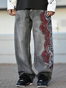 Devon Thys 1pc Infinite Jeans Hong Kong Style High Street 3D Embroidery Floral Fashion Versatile Men's Washed Loose Wide Leg Jeans (Product Does Not Include Belt And Accessories) - Black - View 1