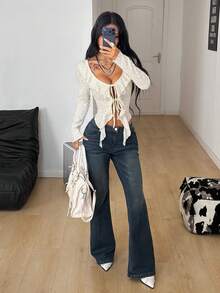 Coolane Áo croptop tay dài cổ chữ V xếp bèo dành cho nữ, phong cách đường phố mùa hè, thời trang Y2K, thích hợp cho kỳ nghỉ, lễ hội âm nhạc. - Màu be - Xem 4