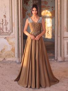 Aureia Elegant Green Satin Mermaid Formal Party Dress Heavily Embellished With Rhinestones Crystals Wedding Guest Bachelorette Evening Gown - Army Green - View 9