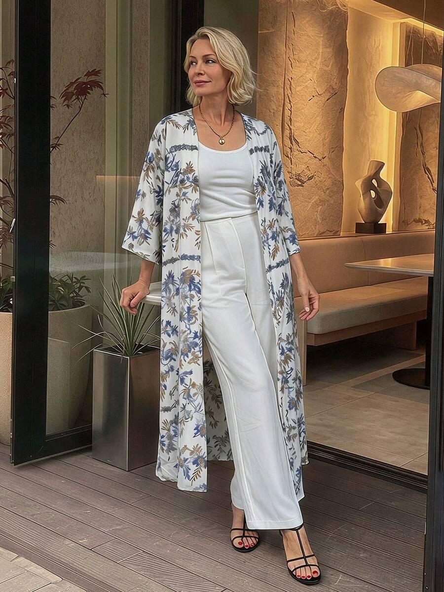 Vivie Lora Floral Print Long Sleeve Jacket For Middle-Aged & Elderly Women - Khaki - View 1