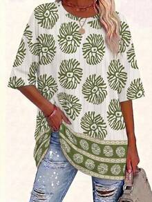 EMERY ROSE Large-Size Women's Casual Round-Neck Printed T-Shirt With Random Patterns, Suitable For Vacations And Daily Wear, Spring/Summer Style - Multicolor - View 1
