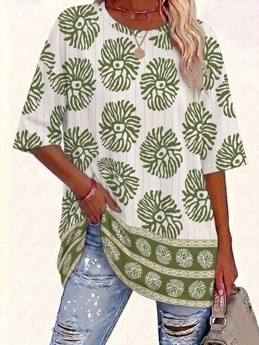EMERY ROSE Large-Size Women's Casual Round-Neck Printed T-Shirt With Random Patterns, Suitable For Vacations And Daily Wear, Spring/Summer Style - Multicolor - View 1