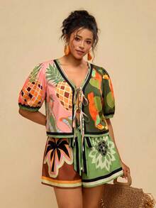 Travachic Plus Size Women Summer Plaid & Print Shorts Set, Front Tie Bow Blouse And Shorts Comfortable 2-Piece Outfit - Army Green - View 6