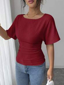SHEIN Elenzya 女士优雅束腰露背设计T恤，夏季新品 - 酒紅色 - 查看 4