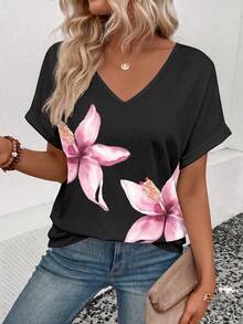 Selamara Floral Print V-Neck T-Shirt, Rolled Short Sleeve Casual Top For Women - Multicolor - View 3