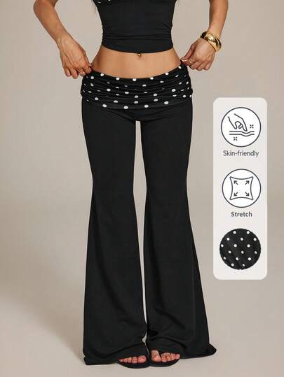 SHEIN PETITE Solid Color Knit Casual Vacation Pants For Women, Contrast Polka Dot Folding Waist Flared Trousers