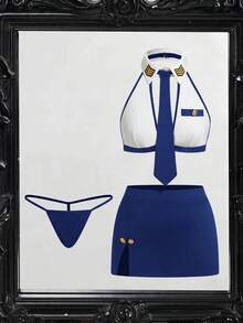 Fantasy Costume 4件組情人節誘惑辦公派對女士內衣套裝 黑白深藍 夏季款 - 寶藍色 - 查看 6