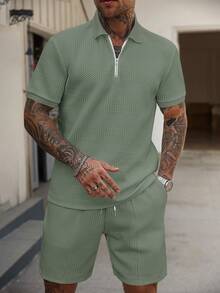 Manfinity Homme Setelan Kemeja Polo Lengan Pendek dan Celana Pendek Kasual Pria Warna Polos, Musim Panas - Mint Green - View 5