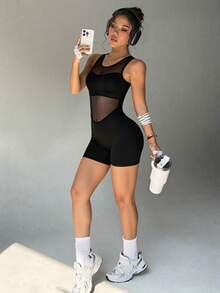 Slayform Slayform 女士黑色无袖网纱拼接露背V领连体裤，适合日常休闲穿着、跑步、瑜伽、健身、网球、高尔夫等运动。 - 黑色 - 查看 9