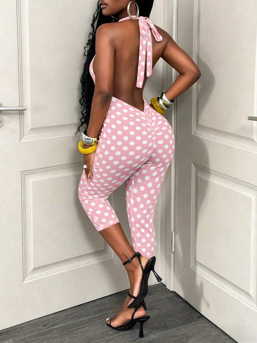 BamGleam Tight-Fitting Milk Silk Elastic Fabric Bright Color Polka Dot Print Halter Tie-Up Backless Sleeveless Capri Pants Casual Fashionable Women Jumpsuit - Pink - View 1