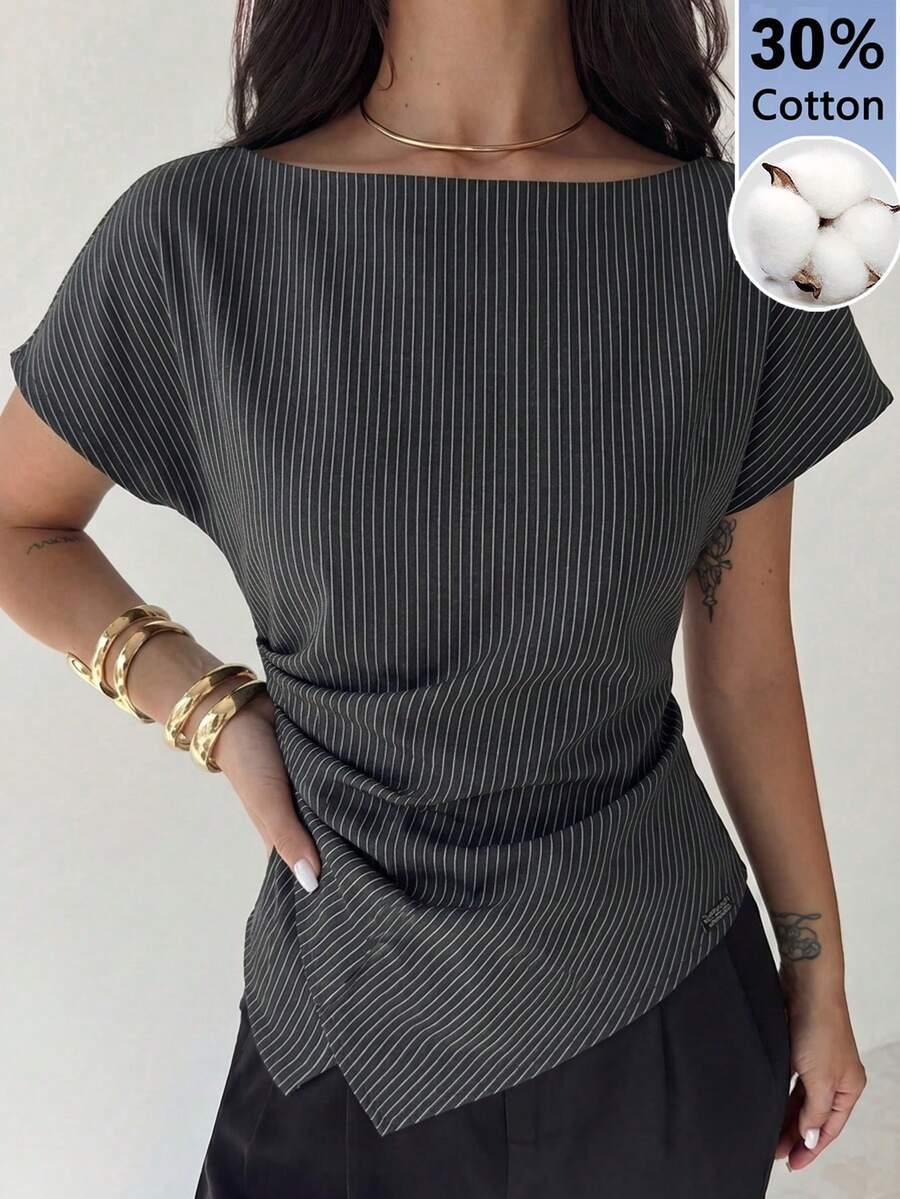 Firerie Áo sơ mi nữ 30% cotton kẻ sọc đen trắng vạt lệch - Trang phục công sở thanh lịch, thoải mái cho mọi mùa, hoàn hảo cho đi làm, mặc hàng ngày, phong cách công sở thường ngày, đi học, trang phục giáo viên. - Nhiều màu - Xem 1