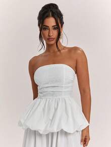 SHEIN BAE Women's Summer Casual Sexy Solid Color Embroidered Patchwork Ruffle Hem Tube Top Golf White - White - View 5