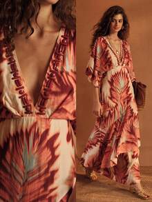 MOTF PREMIUM WOMEN'S LINEN FLORAL PRINT RUFFLE TRIM VACATION DRESS, SPRING/SUMMER - Multicolor - View 2