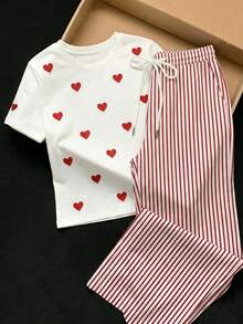 SHEIN EZwear 两件套：刺绣圆领短袖上衣和条纹印花长裤，休闲款 - 彩色 - 查看 5