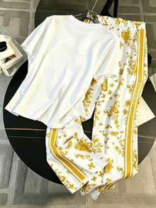 Resyla 两件套女士夏季休闲花卉蝴蝶印花T恤和裤子套装 - 彩色 - 查看 2