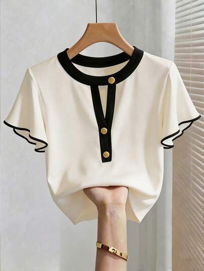 SHEIN Franclia Camiseta de manga corta elegante con cuello redondo y recortes de contraste, verano