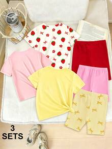 SHEIN 三件套女童休闲时尚创意清新花卉、柠檬、蝴蝶结、樱桃、草莓印花T恤和骑行短裤套装，舒适日常穿着，适合春、夏、秋季穿着。 - 彩色 - 查看 2