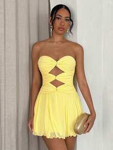 Glamine Vestido de verano para mujer con pliegues calados, sin tirantes, sexy para vacaciones - Amarillo - Ver 6