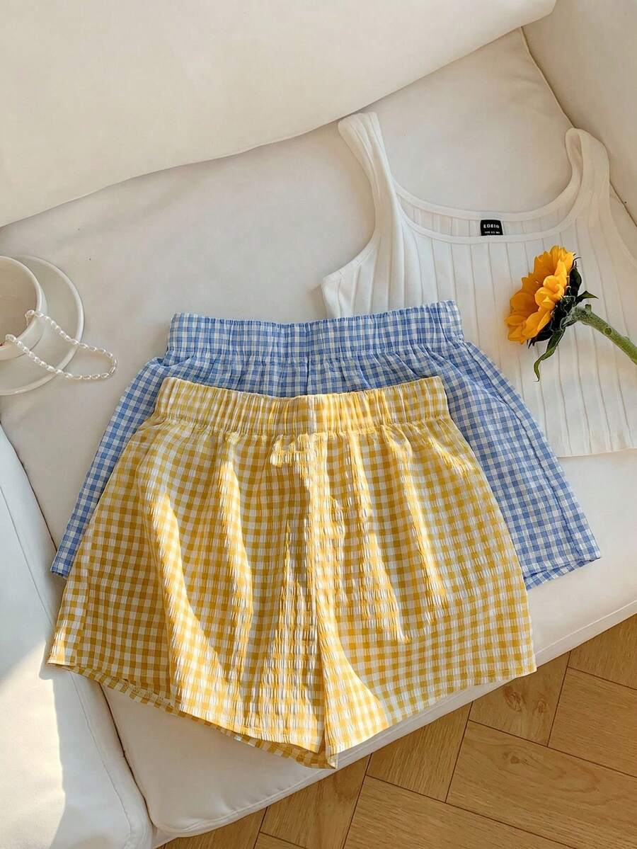 SHEIN EZwear 2 chiếc quần short kẻ caro màu vàng kem và đỏ dâu tây, kiểu dáng tối giản và thời trang, phù hợp mặc hàng ngày, áo mùa hè, thích hợp đi làm, hẹn hò, tụ họp, mùa thu/đông/hè, Giáng sinh, Năm mới, Lễ Tạ ơn, tiệc tùng, đám cưới, bãi biển, lễ tốt nghiệp, thời trang, thanh lịch, thường ngày, đi chơi, hẹn hò, đặt chỗ, đi làm, sáng bóng, Ngày lễ tình nhân, sang trọng, kỳ nghỉ, thường ngày, Y2K, đi chơi, lễ tốt nghiệp, v.v. - Nhiều màu - Xem 1