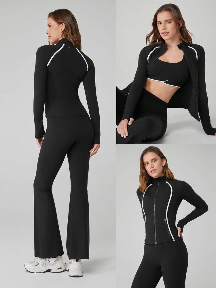 FeatherFit™ True Potential Slim Fit Contrast Strip Jacket With Thumbholes Side Pockets Low Impact Yoga Pilates Studio Daily Casual Wear