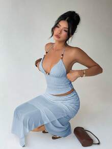 Aloruh 女士优雅度假风提花纹理套装，波西米亚风网纱拼接紧身迷你裙和吊带背心套装 - 淺藍色 - 查看 7