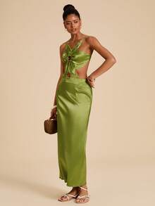 Travachic Women's Lace Patchwork Hollow-Out Satin Sexy Dress - Green - View 1