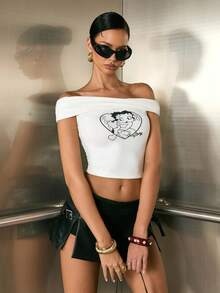 Betty Boop x SHEIN T-shirt à épaules dénudées imprimé de dessins animés pour femmes - Blanc - Voir 8