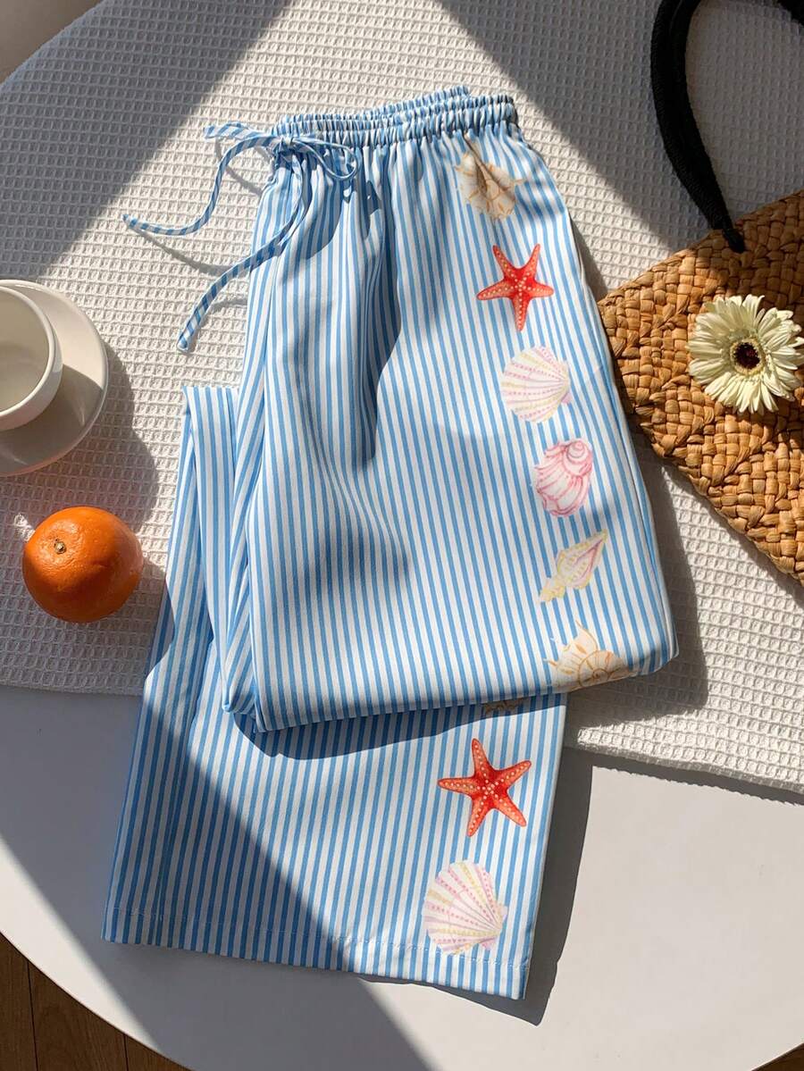 Comfortcana Quần nữ kẻ sọc kiểu dáng thường ngày in hình sao biển, cạp chun có dây rút. - Màu xanh lam - Xem 1