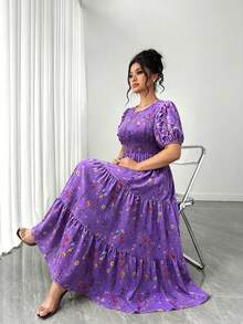 Elenzga Plus Size Women's Short Sleeve Elegant Floral Print Elastic Waist Layered A-Line Dress, Suitable For Spring And Summer - Purple - View 6