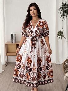 Lacomfia Plus Size Elegant Lace Patchwork Cinched Waist Dress, Casual Vacation Daily Wear Gym Brown Summer - White - View 3