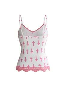 ROMWE Y2K Retro Music Note & Piano Keyboard Print Tight Lace Trim Camisole 3 Pieces Set - Pink - View 14