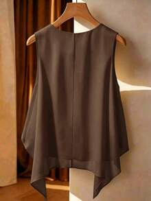 Franclia Plus Size Asymmetrical Hem Bowknot Sleeveless Chiffon Blouse, Fashion Resort Style, Spring/Summer - Coffee Brown - View 2