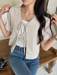 DAZY Women's Front Tie Short Sleeve Jacket Fall/Winter - Apricot - View 9