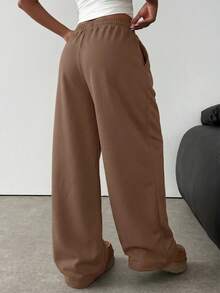 SHEIN Teen Girl Knitted Loose Casual Drawstring Pocket Wide Leg Sweatpants In Light Brown - Brown - View 3