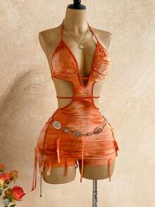 Soleia Mono de mujer con estampado de teñido anudado, corte en la cintura y escote halter sexy para vacaciones - Multicolor - Ver 3