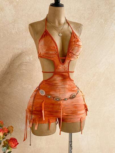 Soleia Mono de mujer con estampado de teñido anudado, corte en la cintura y escote halter sexy para vacaciones