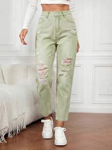 EMERY ROSE Women's Casual Ripped Slant Pocket Denim Jeans - Green - View 4
