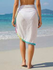 Swim Vcay Vacation Beach Towel, Tassel & Pom Pom Decor Kimono & Skirt, Bohemian Style - White - View 2
