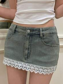 DAZY Chân váy ngắn denim phối ren và túi dành cho nữ - Rửa nhẹ - Xem 4