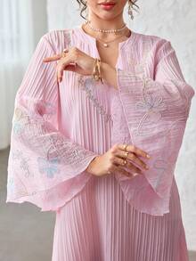 Yasmyna Elegant Floral Embroidered Textured 3/4 Sleeve Flared Dress, Suitable For Dates - Pink - View 3