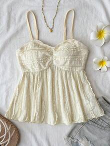 SHEIN 少女夏季休闲度假奶油黄纹理针织褶皱胸部吊带背心 - 黃色 - 查看 1