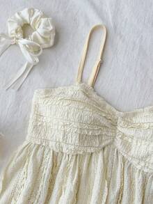 SHEIN 少女夏季休闲度假奶油黄纹理针织褶皱胸部吊带背心 - 黃色 - 查看 5