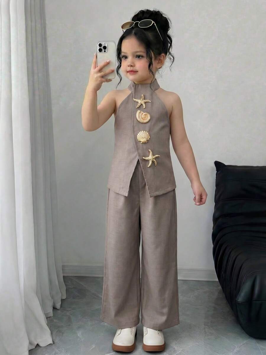 Travachic KIDS Young Girl Metal Decor Halter Top And Pants Casual Daily Outfit - Grey - View 1