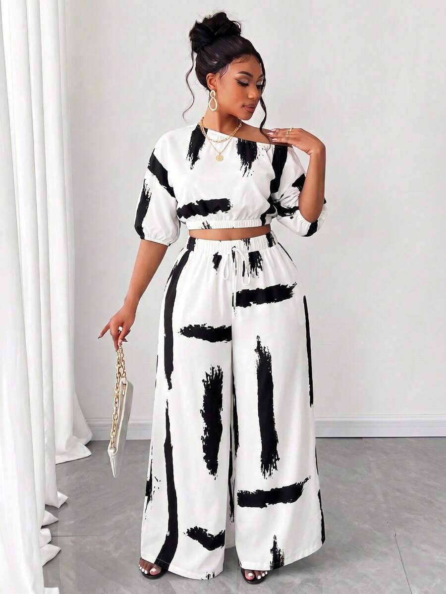 Maweii Plus Size Fashion Asymmetric Collar Printed 2 Pieces Set - Black and White - View 1